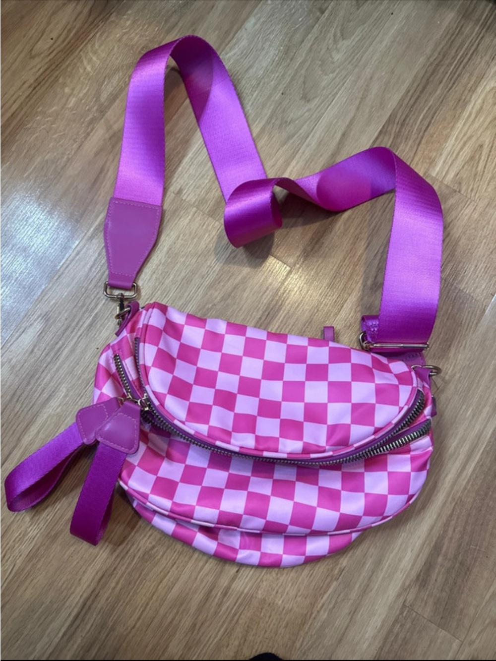 Amazon Pink Checkerboard Crossbody Bag with Magenta Strap